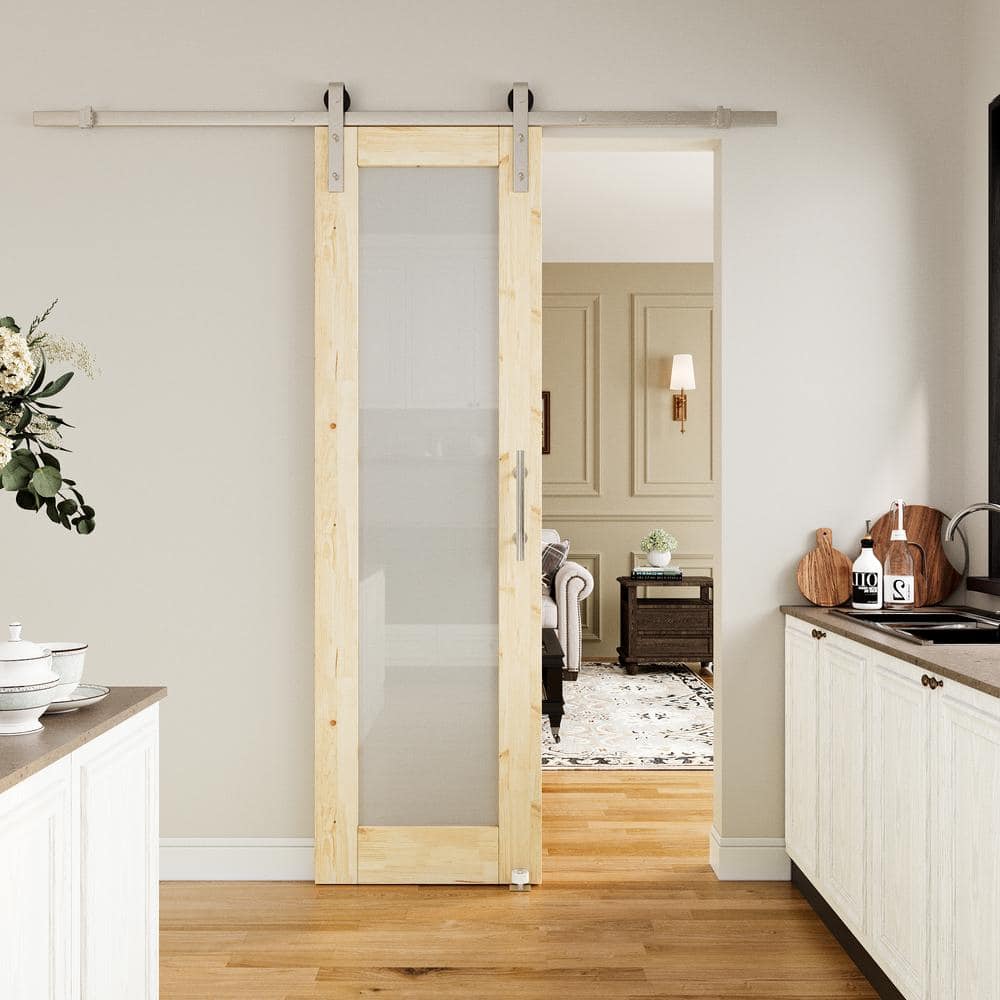 24 in. x 80 in. 1-Lite Frosted Glass Unfinished Solid Pine Wood Sliding Barn Door with Hardware Kit Nickel Plated