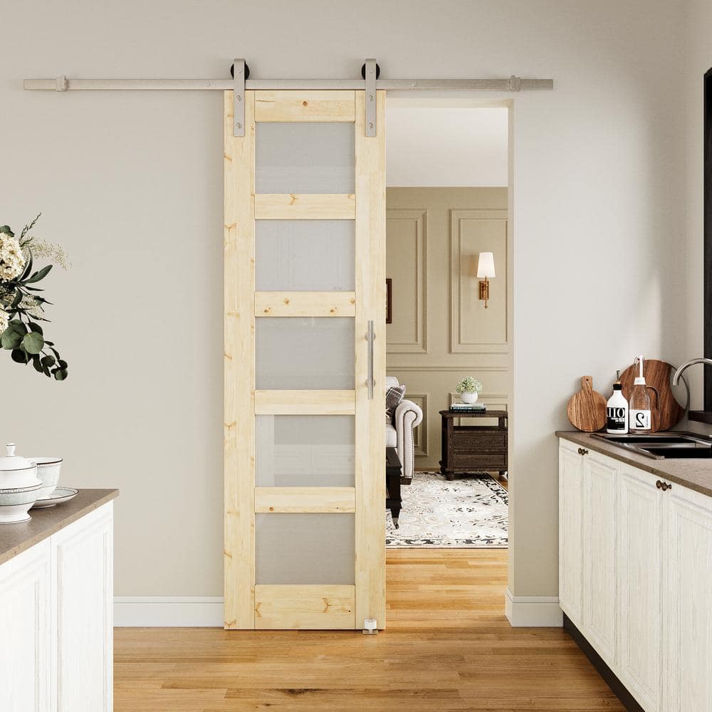 24 in. x 80 in. 5-Lite Frosted Glass Unfinished Glass No Assembly Required Sliding Barn Door with Hardware Kit