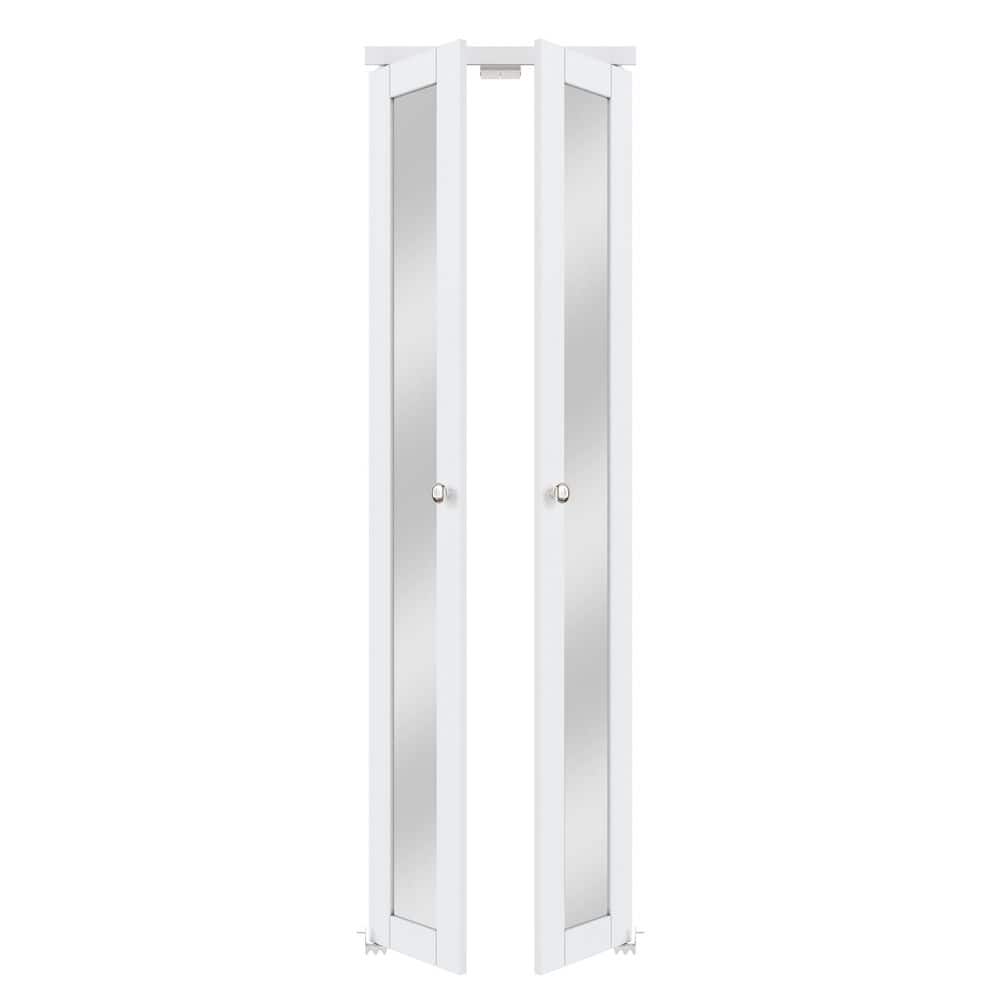 24 in. x 80 in. Mirrored Glass Solid Core MDF Bi-fold Door Plus French Style Pivot Hardware (1-Lite White Finish)