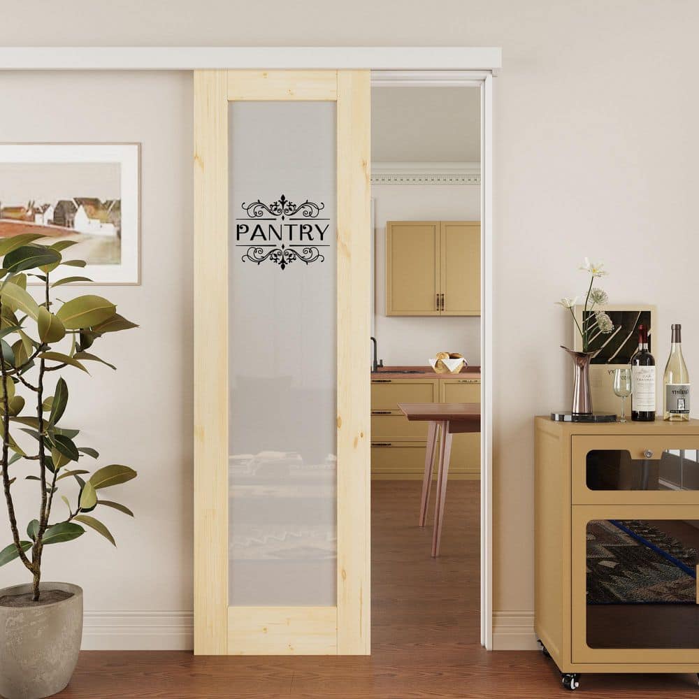 24 in.x 80 in. Hidden Track Style 1 Lite Frosted Glass Unfinished MDF Sliding Barn Door with Hardware Kit&Pantry Sticker