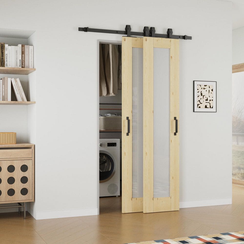 28 in. x 80 in. 1-Lite Frosted Glass Unfinished Solid Core Pine Wood Sliding Barn Door with Hardware Kit Bypass