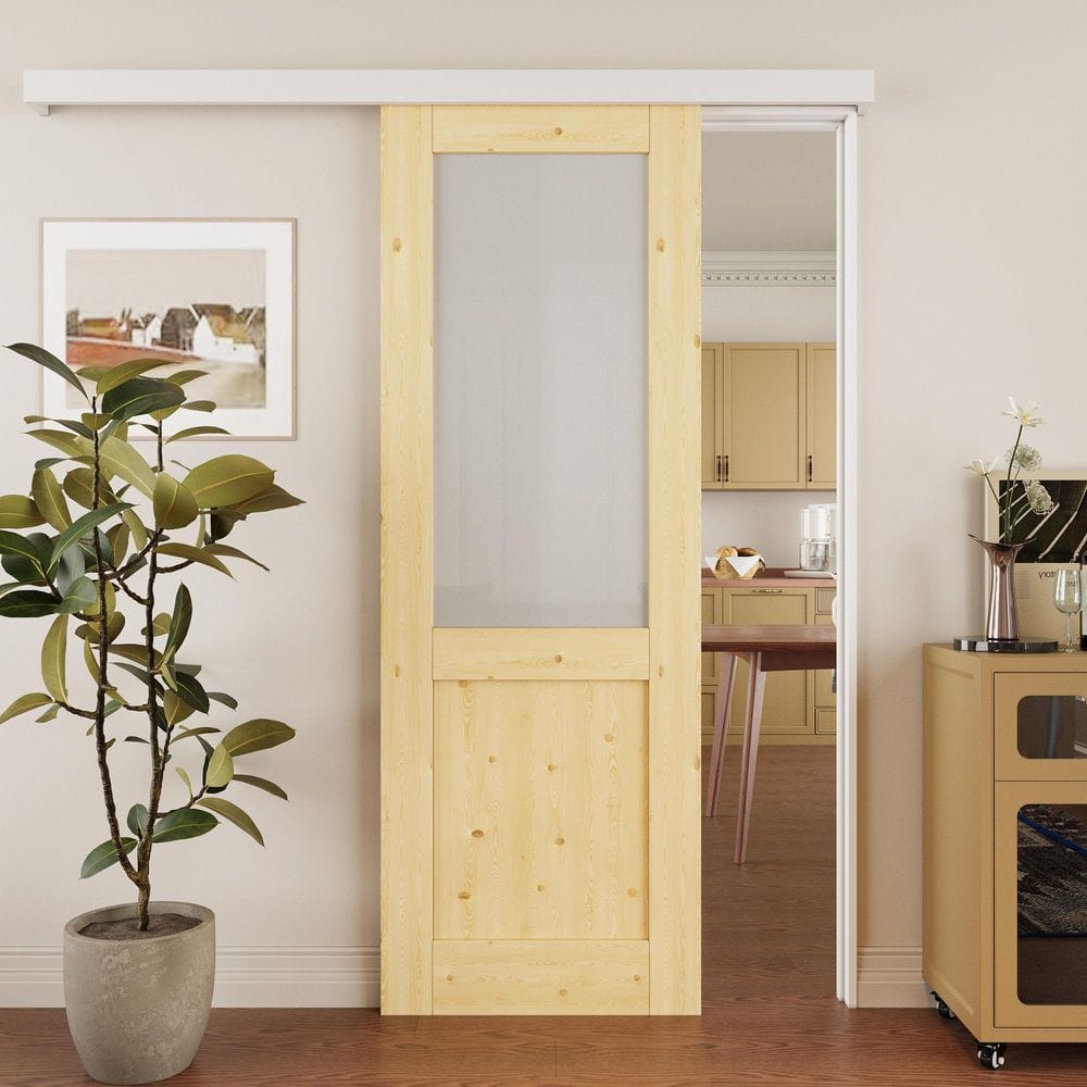 28 in. x 80 in. Hidden Track Style 1/2-Lite Frosted Glass Unfinished Glass Sliding Barn Door with Hardware Kit