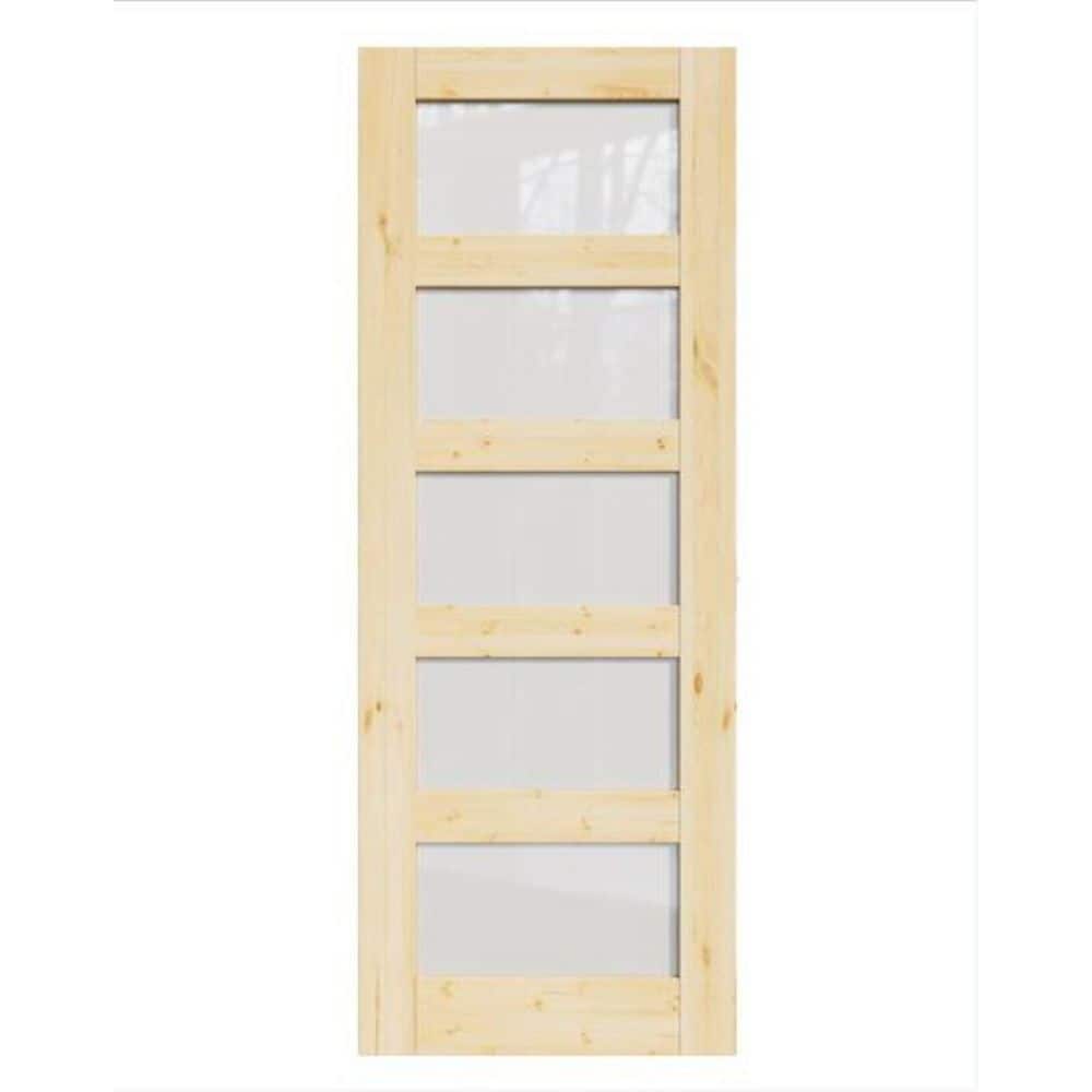 28 in. x 80 in. Unfinished Solid Core Pine Wood 5-Lite Tempered Frosted Glass Interior Door Slab
