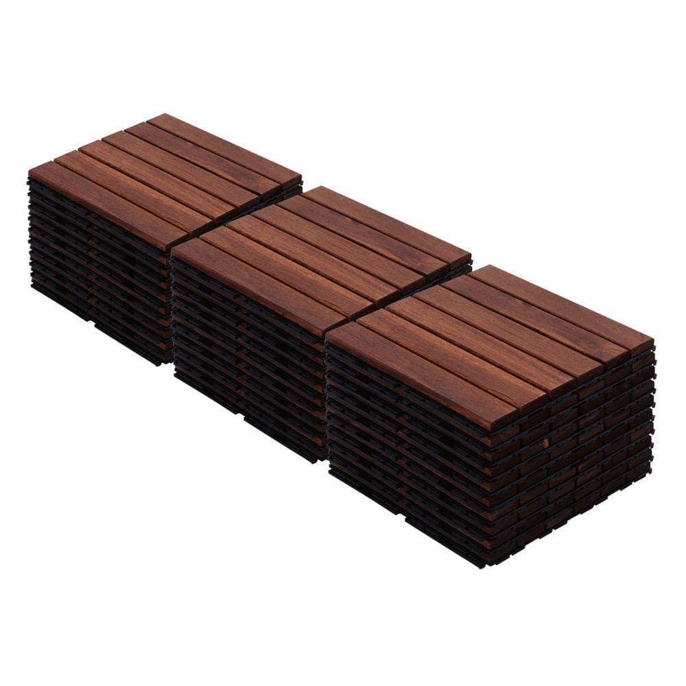 30 Pack Acacia Wood Interlocking Deck Tiles, 12 in. Square Brown Striped Pattern Outdoor Flooring for Patio Pool Side