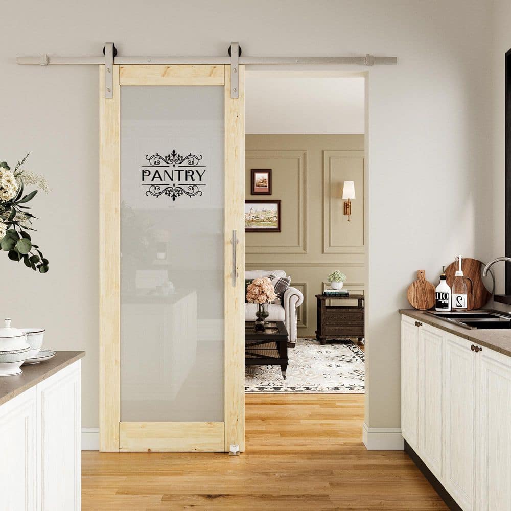 30 in. x 80 in. 1 Lite Frosted Glass Unfinished MDF Sliding Barn Door with Hardware Kit Nickel and Pantry Sticker