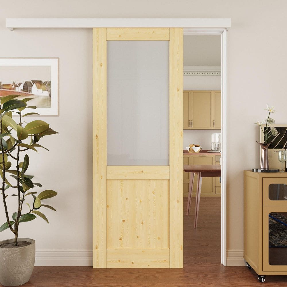 30 in. x 80 in. Hidden Track Style 1/2-Lite Frosted Glass Unfinished Glass Sliding Barn Door with Hardware Kit
