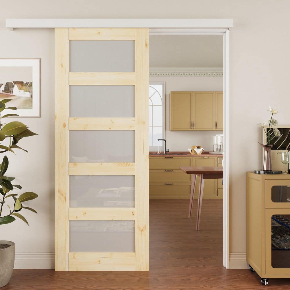 30 in. x 80 in. Hidden Track Style 5-Lite Frosted Glass Unfinished Glass Sliding Barn Door with Hardware Kit
