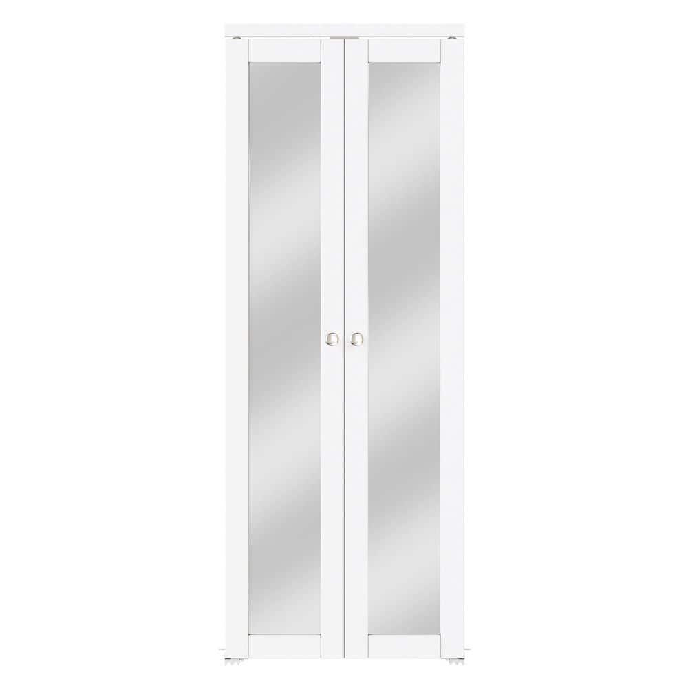 30 in. x 80 in. Mirrored Glass Solid Core MDF Bi-fold Door Plus French Style Pivot Hardware (1-Lite White Finish)