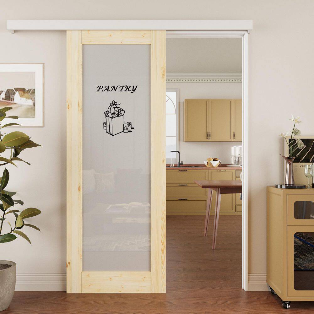 30 in.x 80 in. 1 Lite Frosted Glass Unfinished Hidden Track Style MDF Sliding Barn Door with Hardware Kit&Pantry Sticker