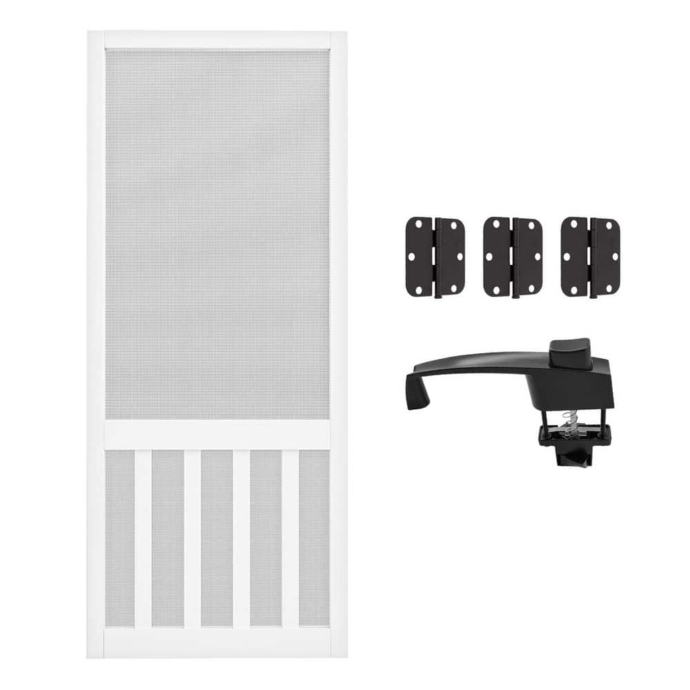 30in. x 80in. Universal Primed White Pine Vertical Slat Screen Door with Lock-Classic 5-Bar Style Gauze Mesh Hinged Door