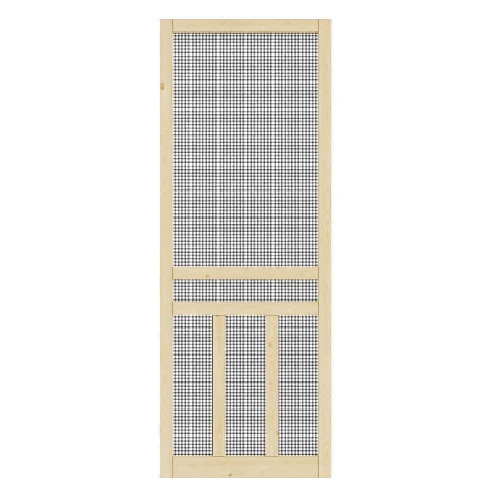 32 in. x 80 in. 3-Bar Single Universal Paneled Unfinished Pine Wood and Gauze Mesh Hinged Screen Door
