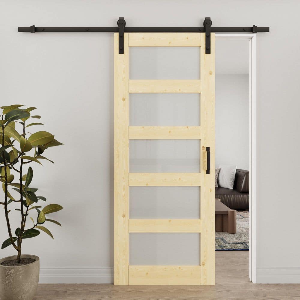 32 in. x 80 in. 5-Lite Frosted Glass Unfinished Glass No Assembly Required Sliding Barn Door with Hardware Kit