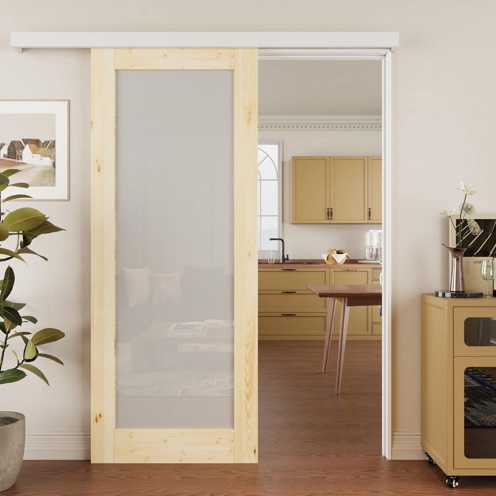 32 in. x 80 in. Hidden Track Style 1-Lite Frosted Glass Unfinished Glass Sliding Barn Door with Hardware Kit