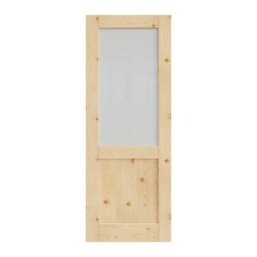 32 in. x 80 in. Unfinished Solid Core Pine Wood 1/2-Lite Tempered Frosted Glass Interior Door Slab