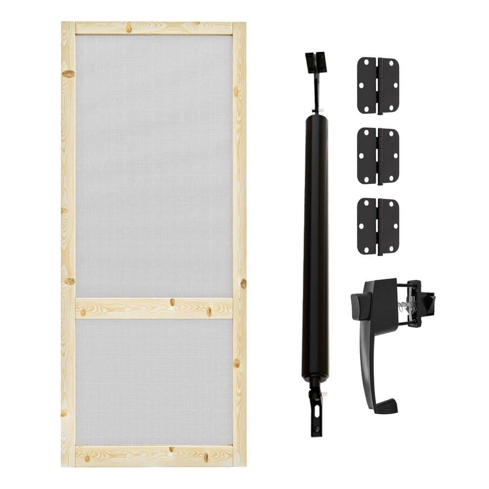 32 in. x 80 in. Universal Unfinished Pine 2-Bar Screen Door with Lock, Door Closer, and Gauze Mesh-Hinged Style
