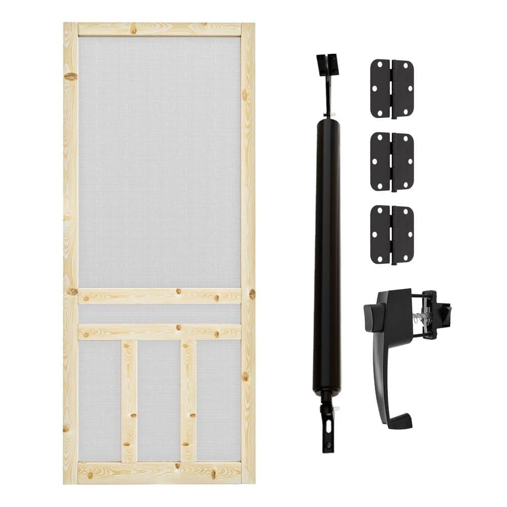 32 in. x 80 in. Universal Unfinished Pine 3-Bar Screen Door with Lock, Door Closer, and Gauze Mesh-Hinged Style