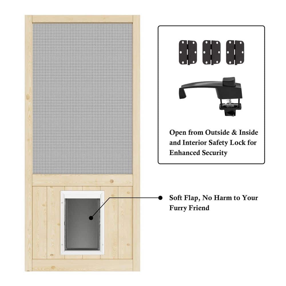 32 in. x 80 in. Universal Unfinished Pine Gauze Mesh Screen Door with Pet Access and Lock-Hinged Rustic Style