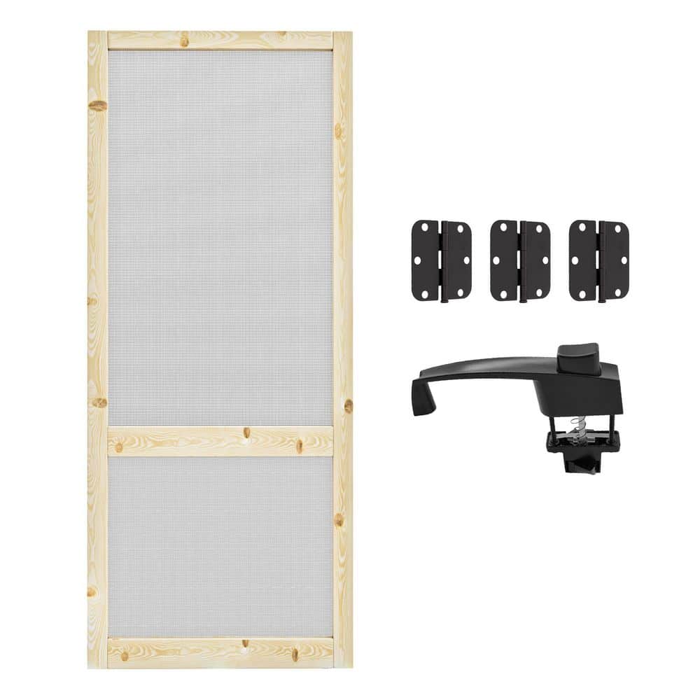32 in. x 80 in. Universal Unfinished Pine Vertical Slat Screen Door with Lock-Classic 2-Bar Style Gauze Mesh Hinged Door