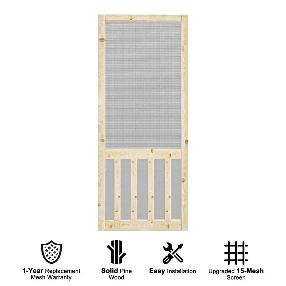 32 in. x 80 in. Universal Unfinished Pine Wood Vertical Slat Hinged Screen Door with Classic 5-Bar Gauze Mesh