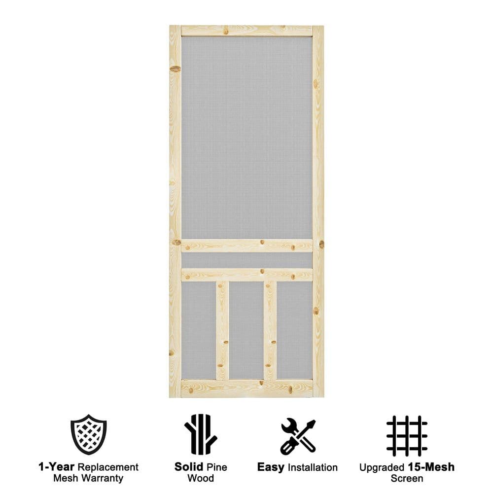 32 in. x 80 in. Universal Unfinished Pine Wood Vertical Slat Screen Door-Classic 3 Bar Style Gauze Mesh Hinged Door