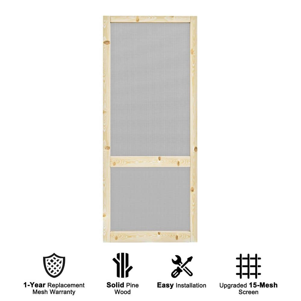 32 in. x 80 in. Universal Unfinished Solid Pine Wood Farmhouse 2 Bar Hinged Screen Door with Gauze Mesh for Courtyard