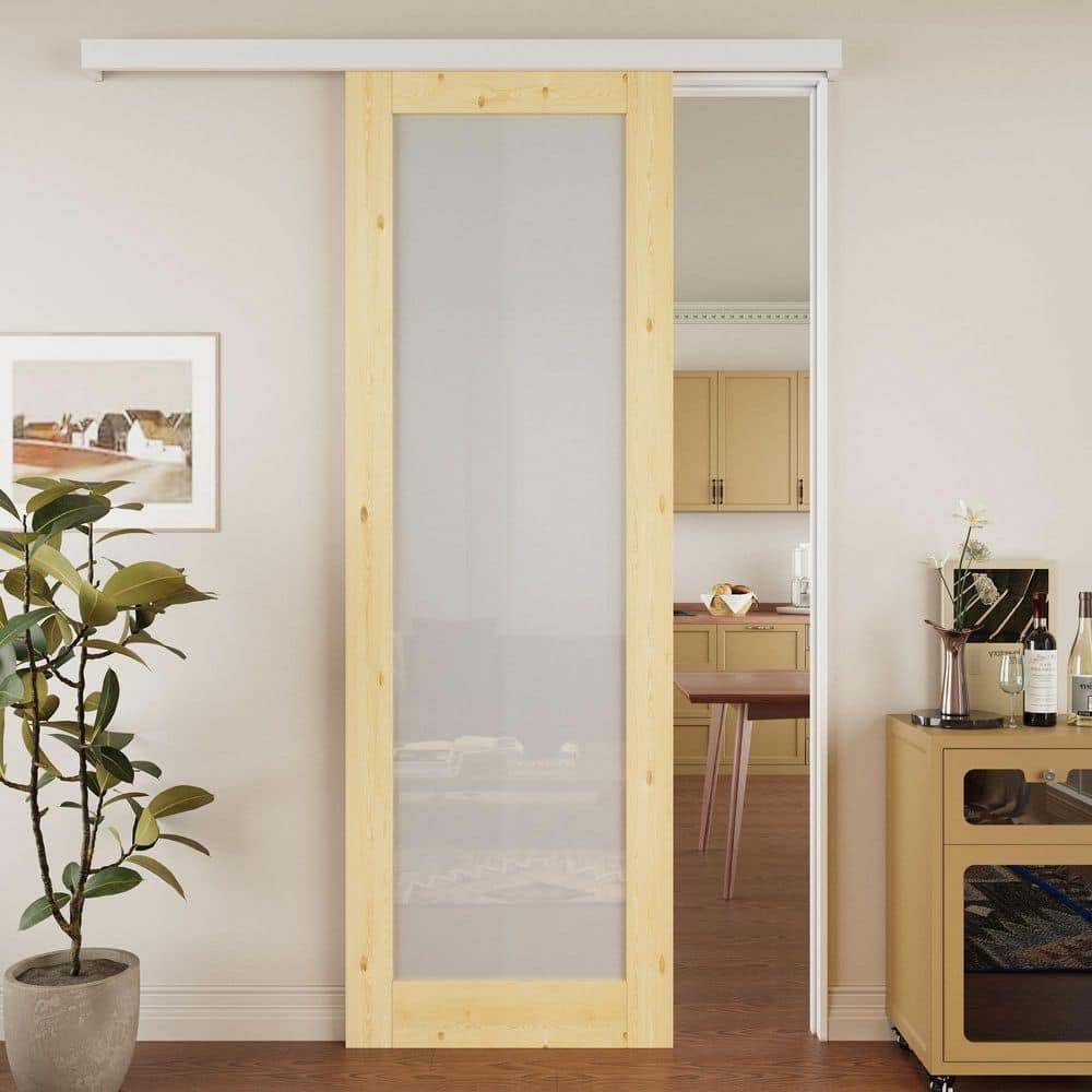 32 in. x 96 in. Hidden Track Style 1-Lite Frosted Glass Unfinished Glass Sliding Barn Door with Hardware Kit
