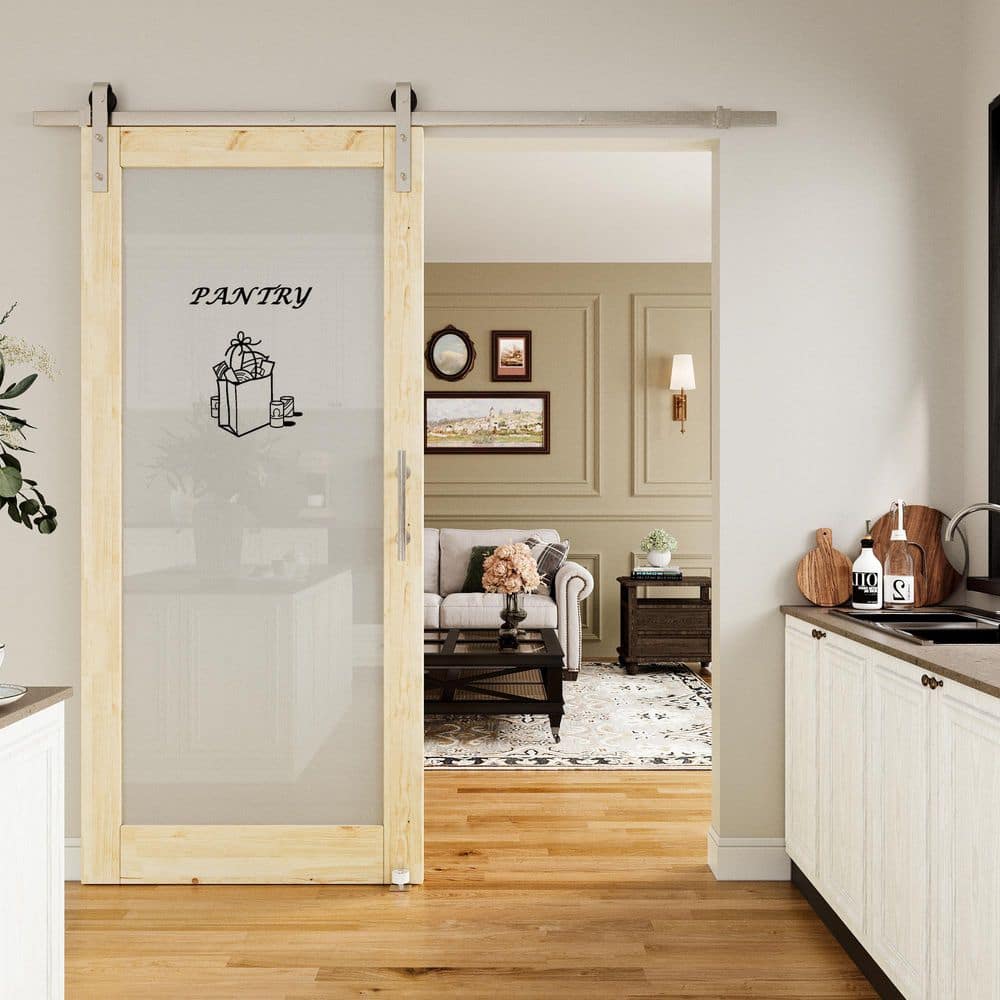36 in. x 80 in. 1 Lite Frosted Glass Unfinished MDF Sliding Barn Door with Hardware Kit Nickel and Pantry Sticker