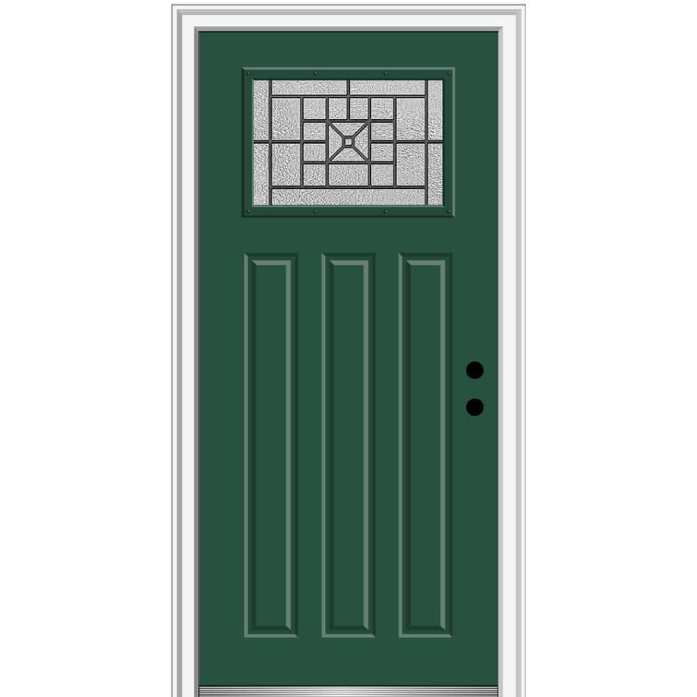 36 in. x 80 in. Courtyard Left-Hand 1-Lite Decorative Craftsman 3-Panel Painted Fiberglass Smooth Prehung Front Door