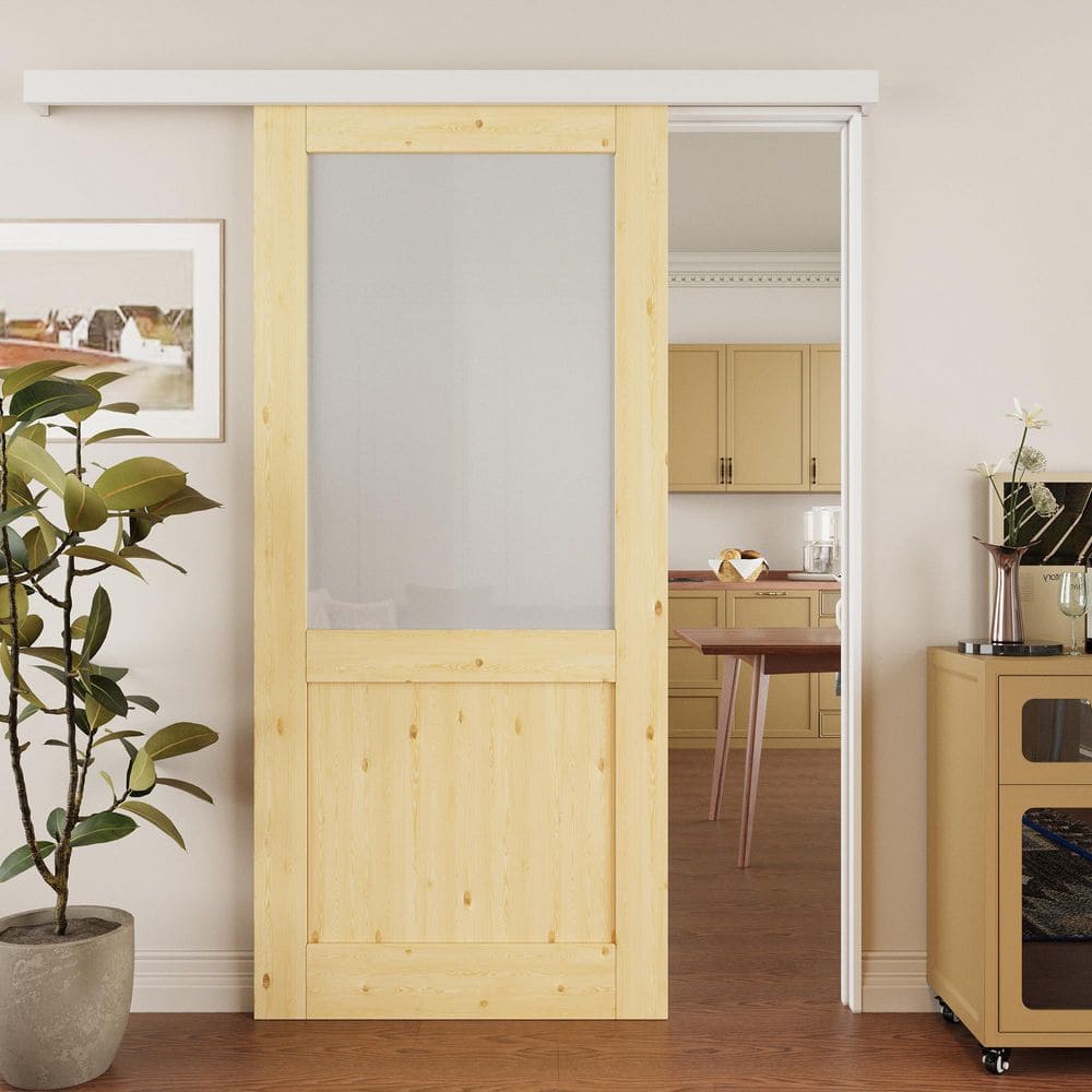 36 in. x 80 in. Hidden Track Style 1/2-Lite Frosted Glass Unfinished Glass Sliding Barn Door with Hardware Kit