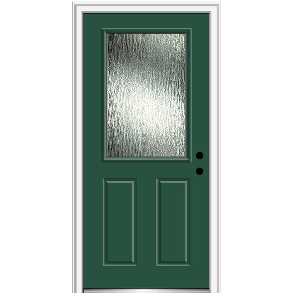 36 in. x 80 in. Left-Hand Inswing Rain Glass Hunter Green Fiberglass Prehung Front Door on 4-9/16 in. Frame