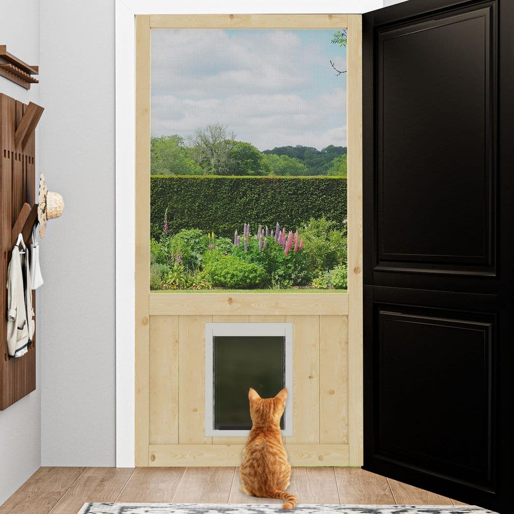 36 in. x 80 in. Single Universal Paneled Unfinished Pine Wood Gauze Mesh Hinged Screen Door with Cat Door for Backyard