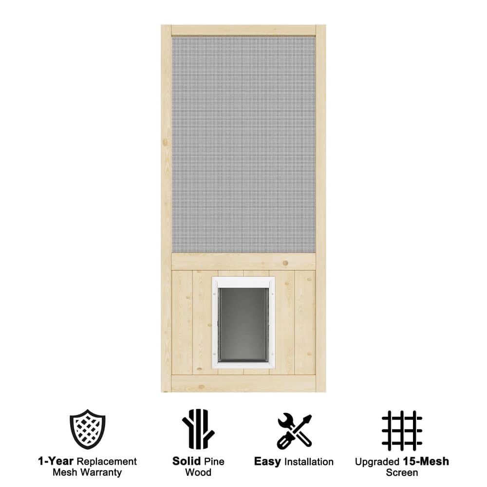 36 in. x 80 in. Single Universal Paneled Unfinished Pine Wood and Gauze Mesh Hinged Screen Door with Pet Door