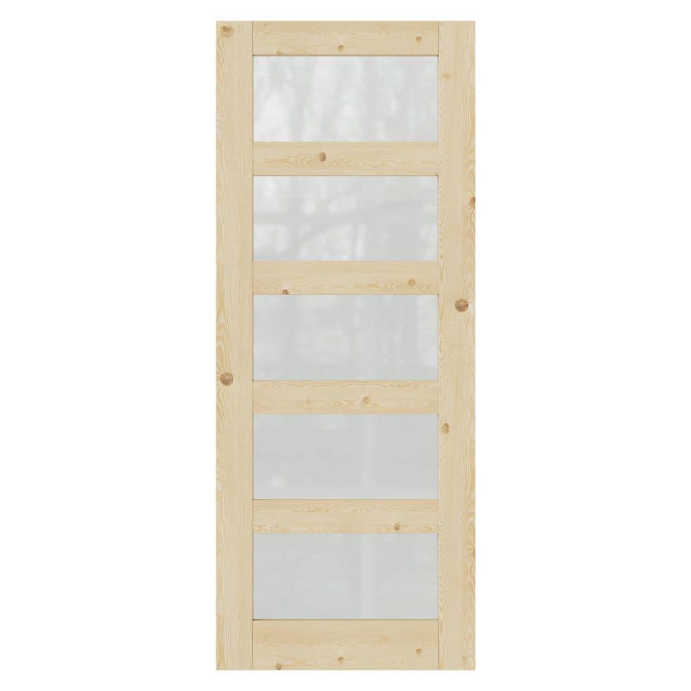 36 in. x 80 in. Solid Core 5-Lite Frosted Glass Unfinished Pine Wood Pre-Assembled Interior Door Slab without Hardware