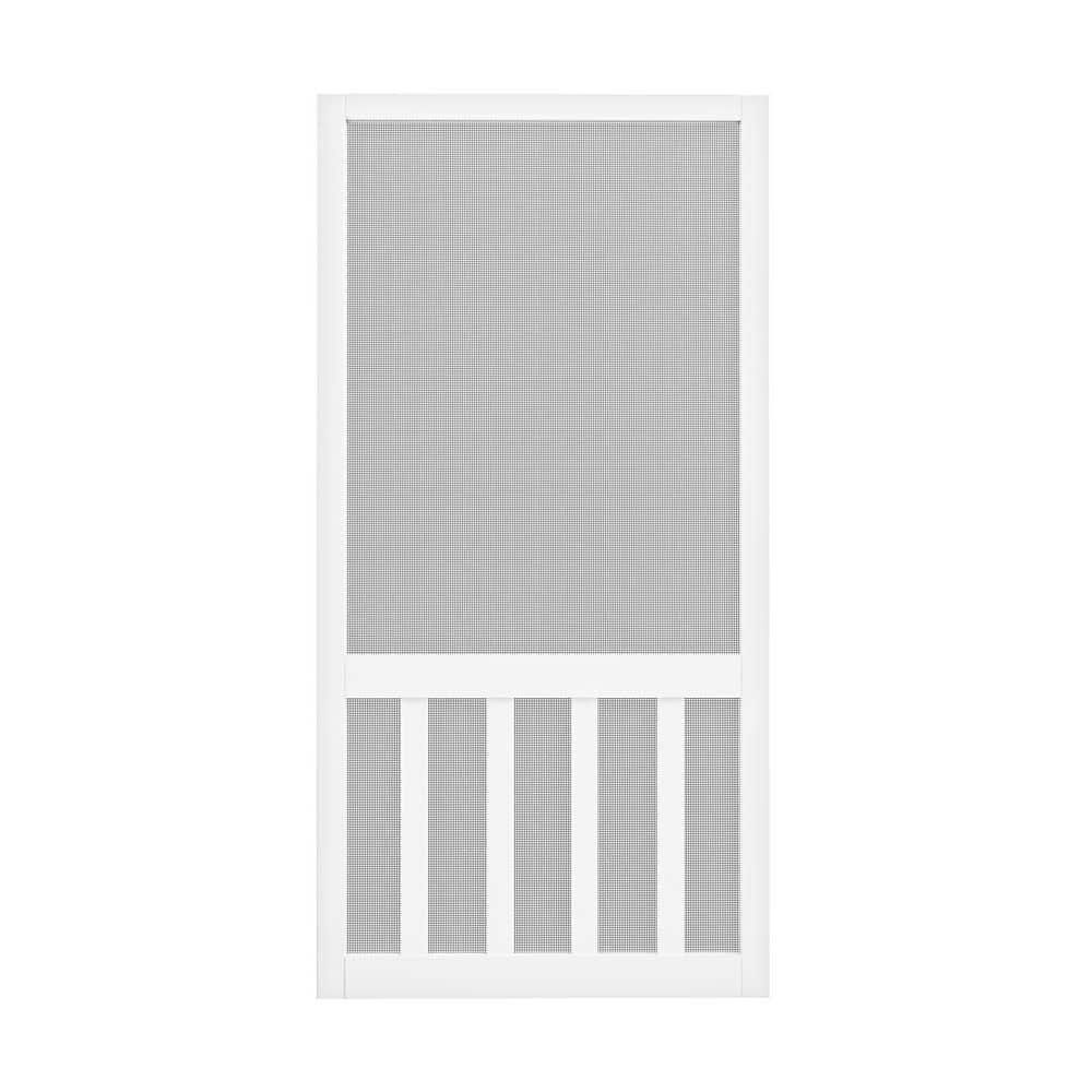 36 in. x 80 in. Universal Primed White 5 Bar Railing Style Pine Wood and Gauze Mesh Hinged Screen Door for Front Door