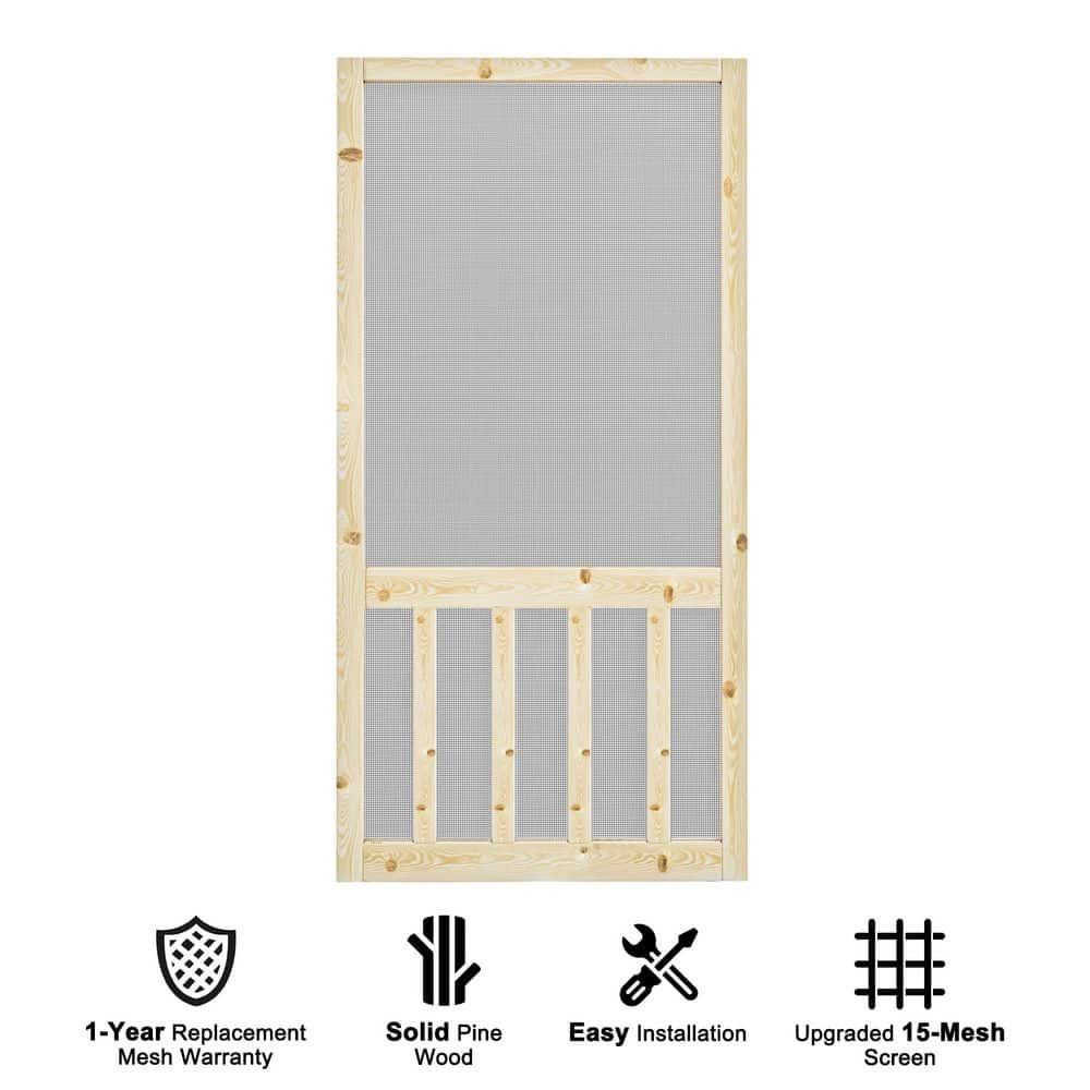 36 in. x 80 in. Universal Unfinished Pine Wood Vertical Slat Screen Door-Classic 5-Bar Style Gauze Mesh Hinged Door