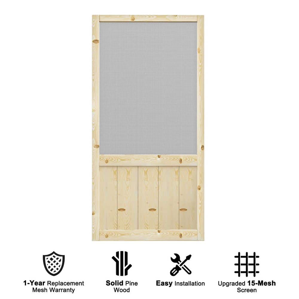 36 in. x 80 in. Universal Unfinished Solid Pine Wood Farmhouse Paneled Hinged Screen Door with Gauze Mesh for Courtyard