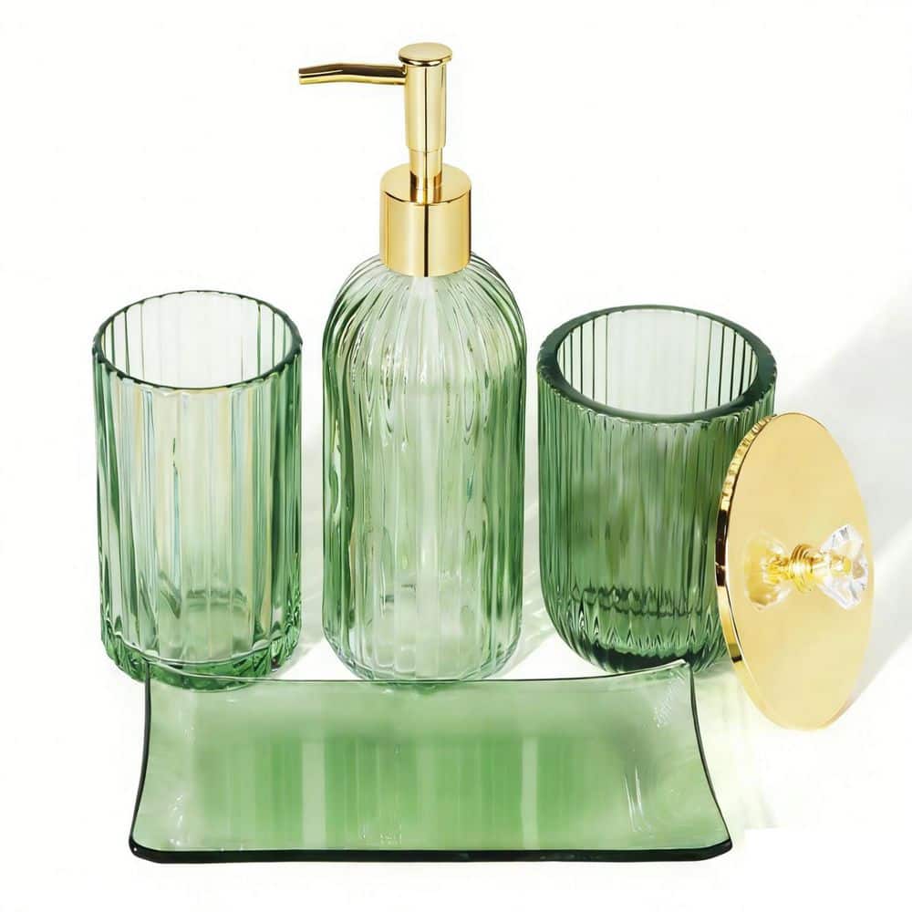 4-Piece Bathroom Accessory Set with Soap Dispenser, Toothbrush Holder, Vanity Tray and Apothecary Jar in Green