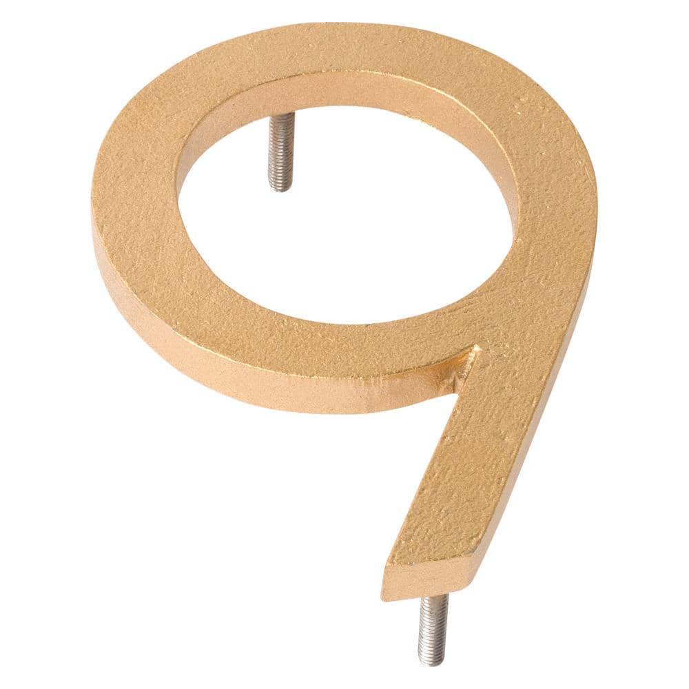 4 in. Gold Aluminum Floating or Flat Modern House Number 9
