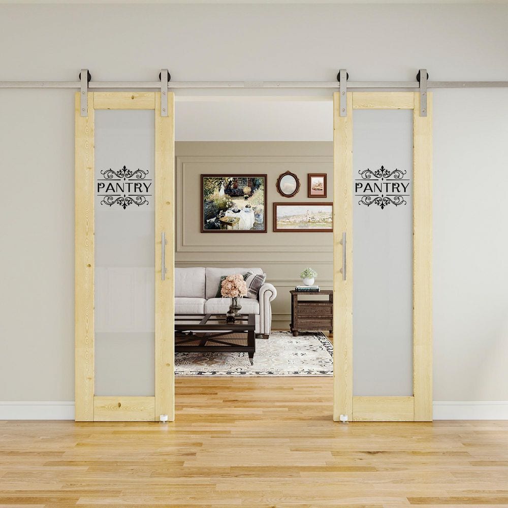 48 in. x 80 in. 1 Lite Frosted Glass Unfinished Pine Wood Sliding Barn Door with Hardware Kit Nickel and Pantry Sticker