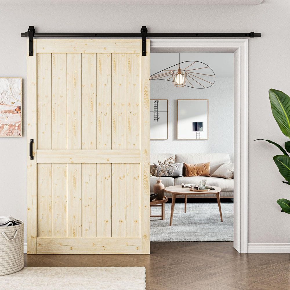 48 in. x 84 in. Paneled H Shape Solid Core Unfinished Pine Wood Sliding Barn Door Slab with Hardware Kit and Soft Close