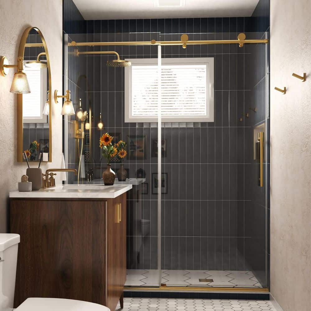56-60 in. W x 74 in. H Frameless Soft Close Single Sliding Shower Door in Brushed Gold, 5/16 in. Clear Tempered Glass