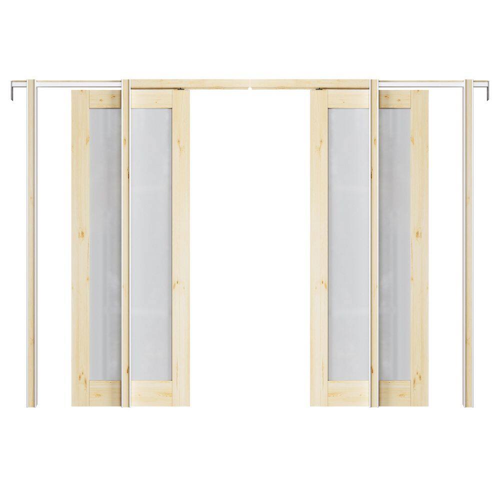 56 in. x 80 in. 1-Lite Frosted Glass Solid Core Pine Wood Unfinished Pocket Sliding Door with Pocket Door Hardware