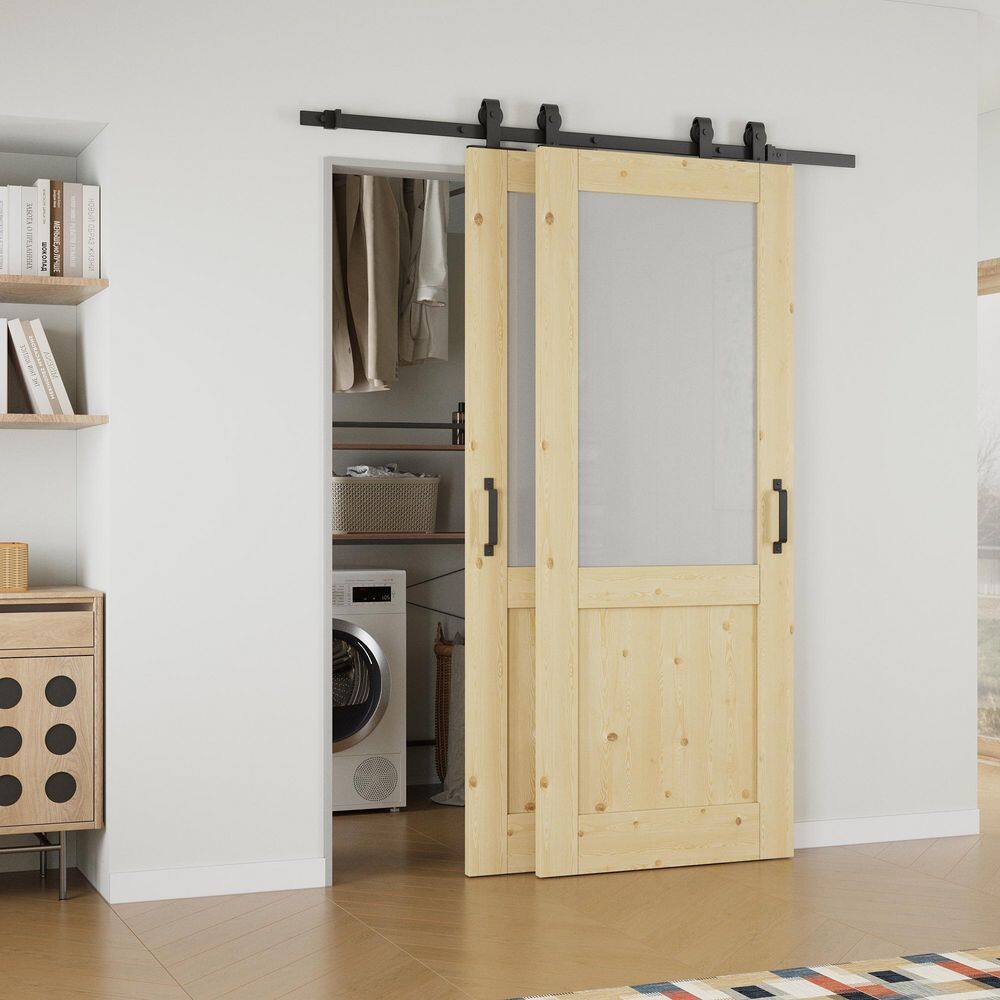 56 in. x 80 in. (Double 32 in.) 1/2-Lite Frosted Glass Unfinished Pine Wood Sliding Barn Door with Hardware Kit Bypass