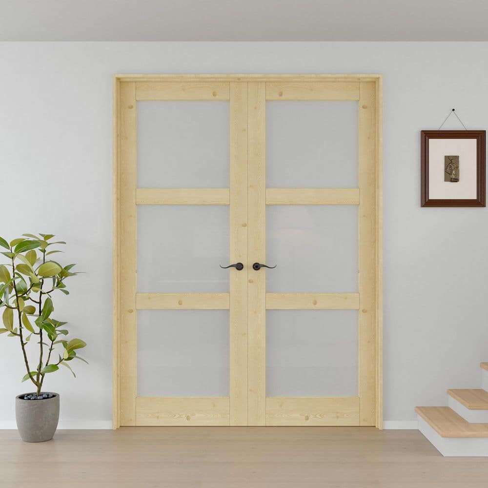 56 in. x 80 in. Universal 3-Lite Frosted Glass Unfinished Pine Wood Assembly Required Double French Door with Jamb