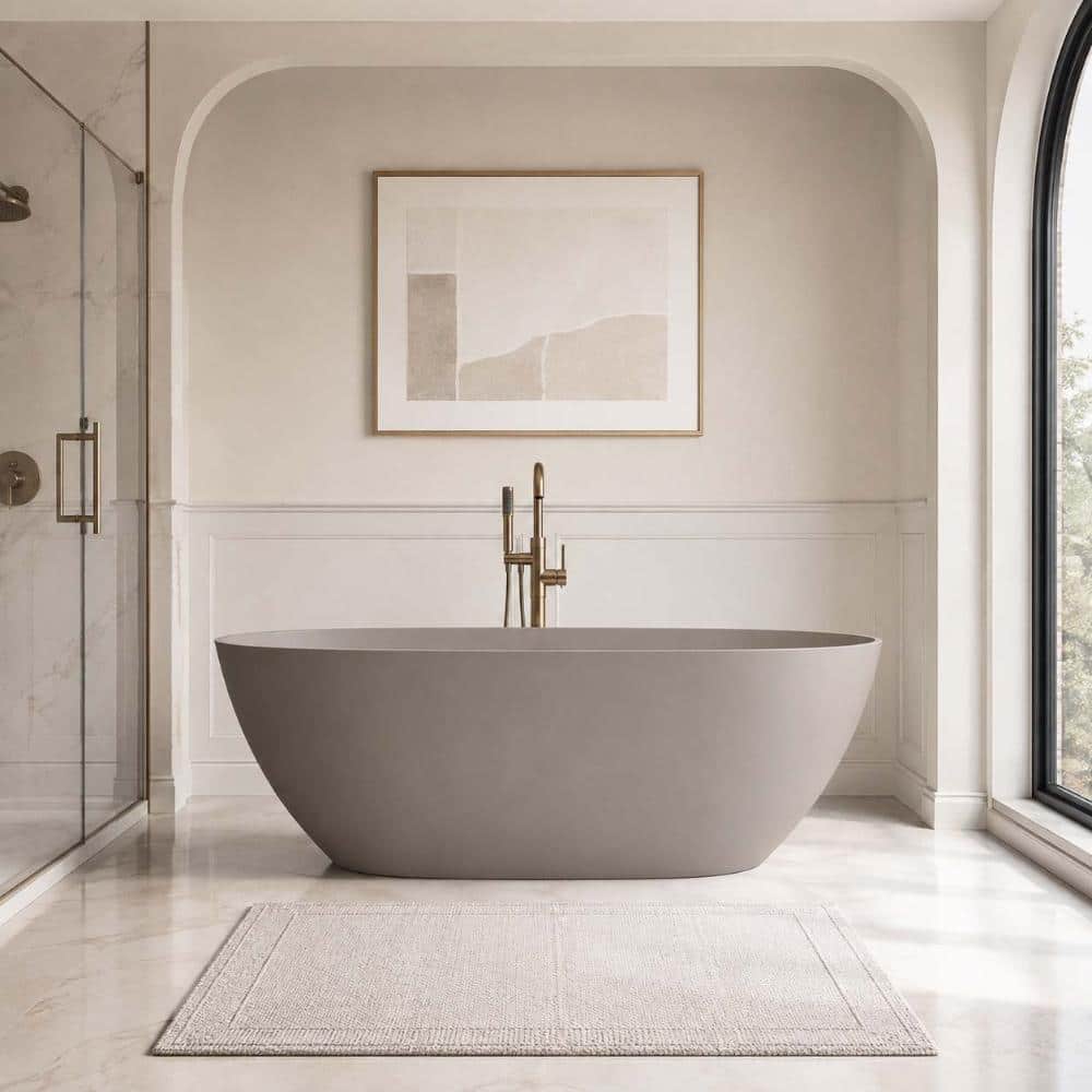57 in. Oval Resin Stone Freestanding Soaking Bathtub in Beige with Pop-Up Drain