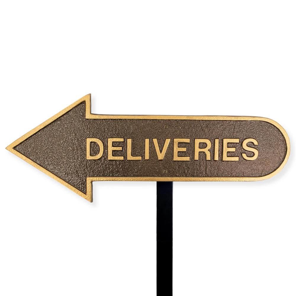 6 in. x 15.5 in. Left Arrow Deliveries Statement Plaque Sign with Lawn Stake-Hammered Bronze