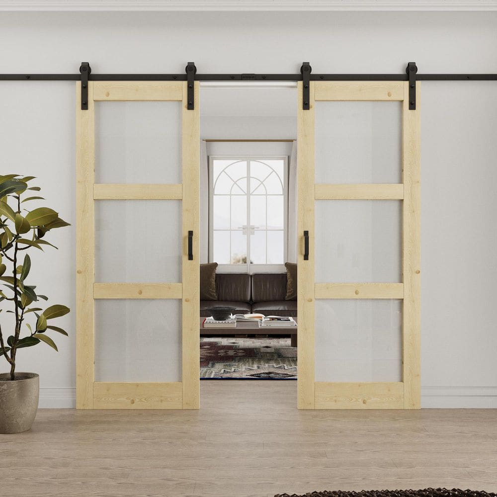 60 in. x 80 in. 3 Lite Tempered Frosted Glass Unfinished Solid Core Pine Wood Sliding Barn Door with Hardware Kit