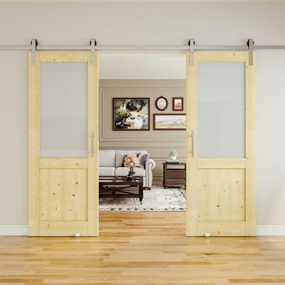 64 in. x 80 in. 1-Lite Frosted Glass Unfinished Solid Pine Wood Sliding Barn Door with Hardware Kit Nickel Plated