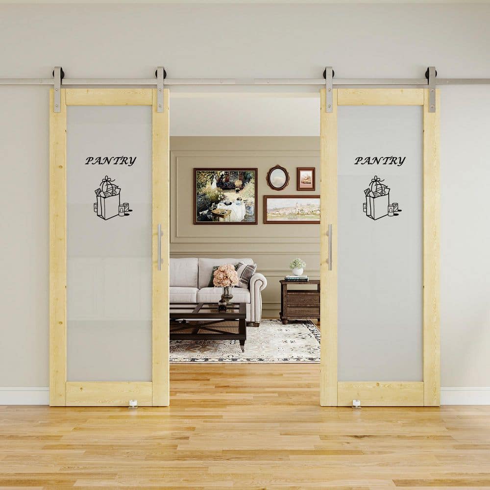 64 in. x 80 in. 1 Lite Unfinished Frosted Glass MDF Sliding Barn Door with Hardware Kit Nickel and Pantry Sticker