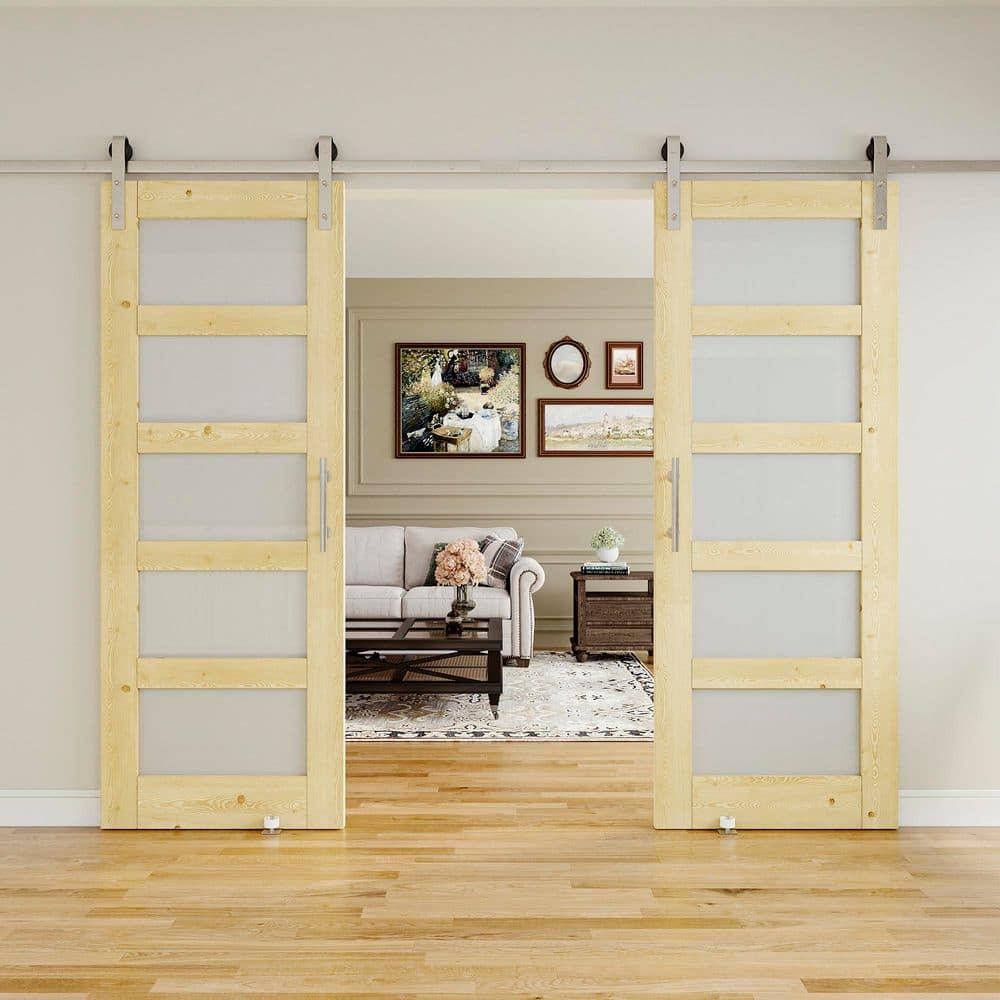 64 in. x 80 in. 5-Lite Frosted Glass Unfinished Pine Wood Sliding Barn Door with Hardware Kit Nickel